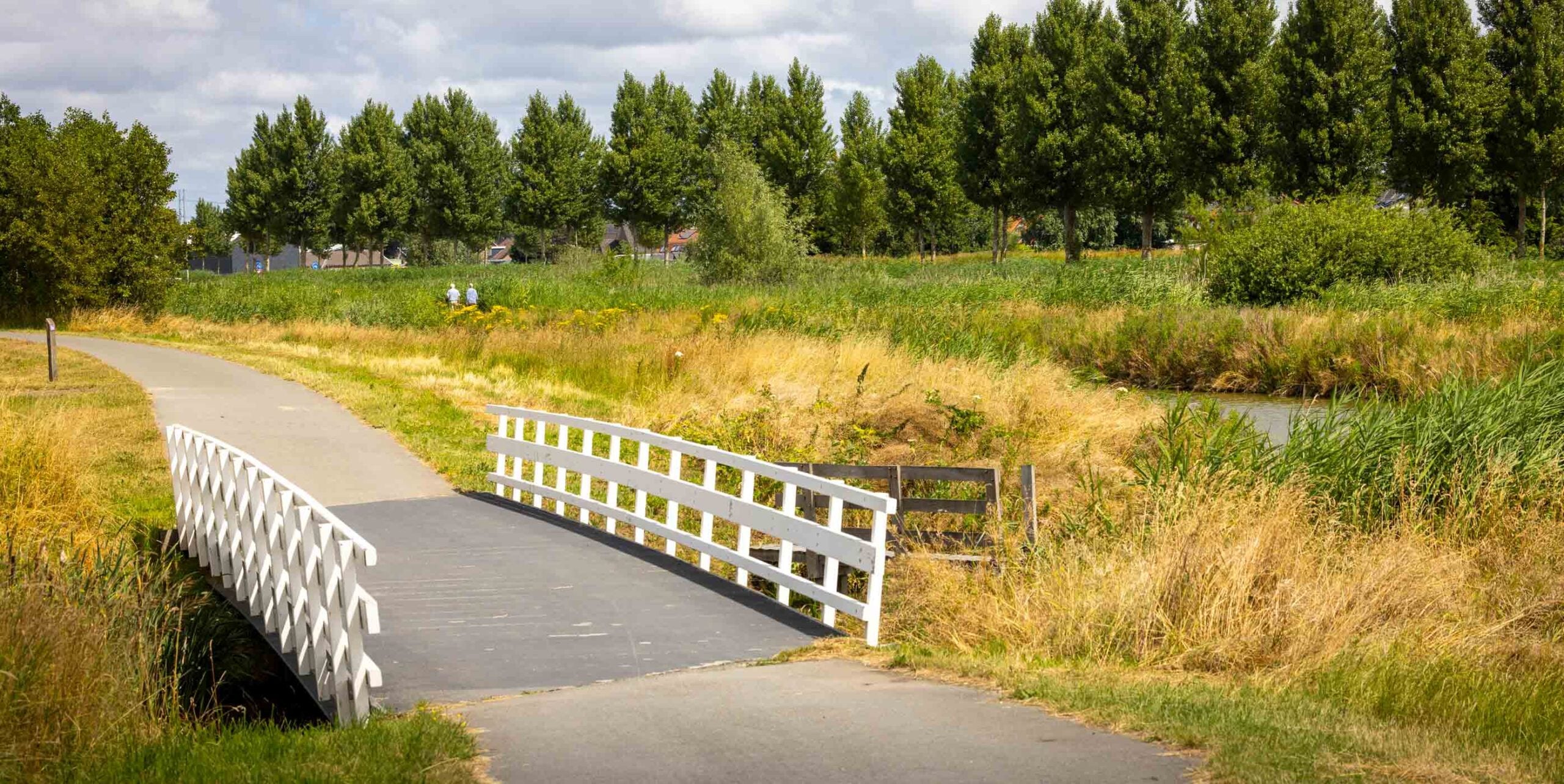 Wit voetgangersbruggetje over een watergang op een fiets- en wandelpad door groen polderlandschap.