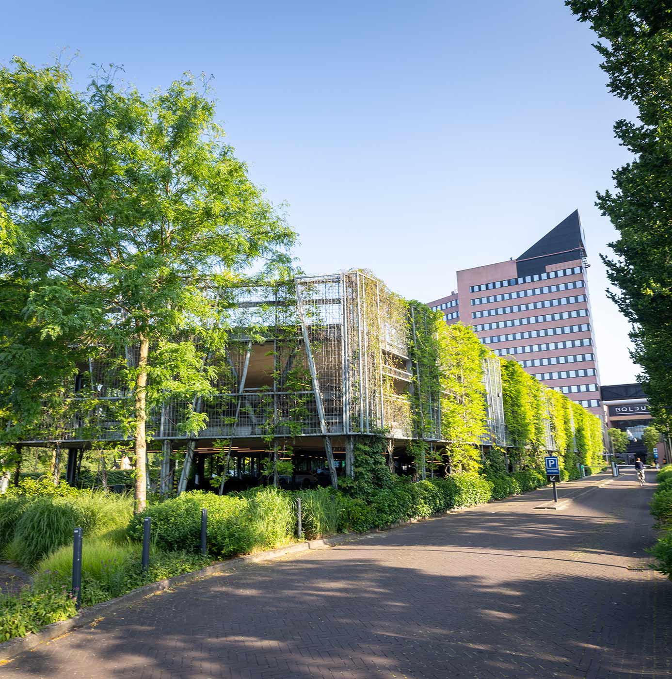 Parkeergarage met begroeide gevel van klimplanten in stedelijke omgeving.