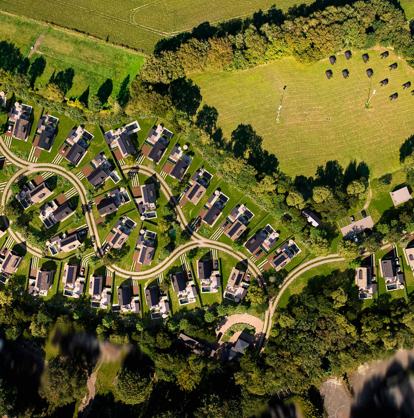 Luchtfoto van een woonwijk met groene tuinen, slingerende paden en aangrenzend grasland.