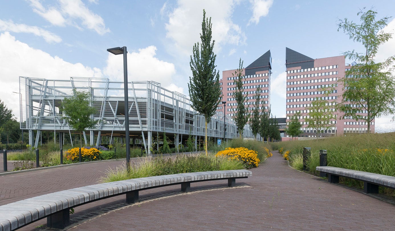 Beplant terrein met siergrassen en gele bloemen langs wandelpad bij kantoorgebouwen en parkeergarage.