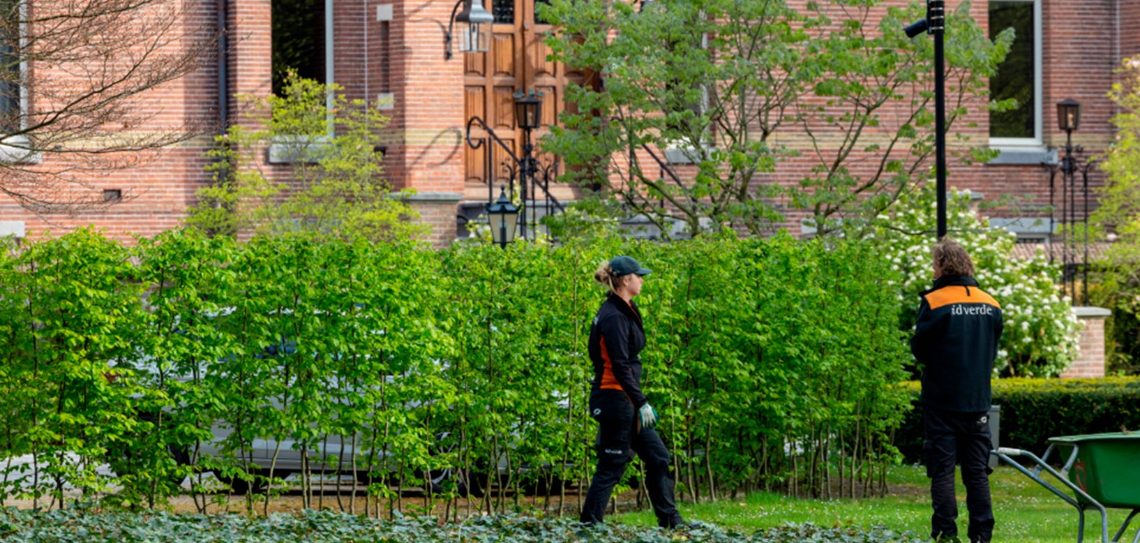 Twee idverde-medewerkers onderhouden de tuin bij een monumentaal pand met een strakke haag.