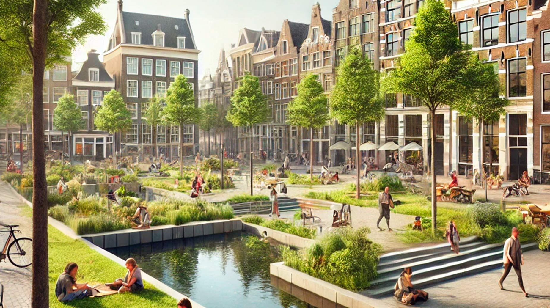 Vergroende grachtenstraat in Amsterdam met bomen, beplanting en zitplekken langs het water.
