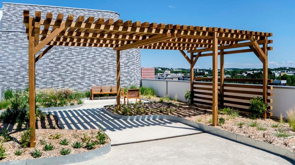 Aangelegde daktuin met houten pergola, zitbanken en beplanting op stadsdak.