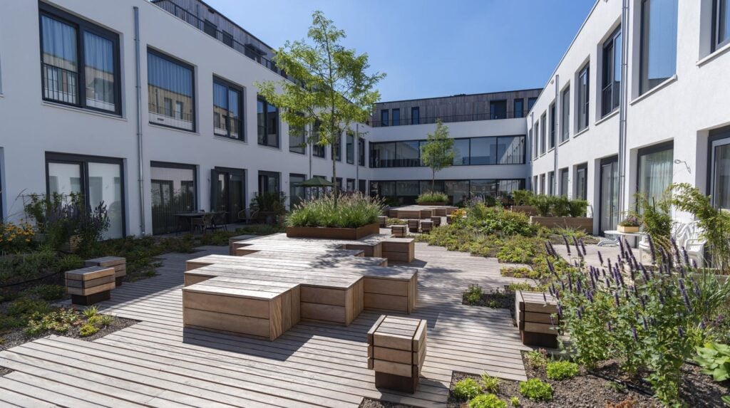 Groene binnenplaats met houten terras, modulaire zitbanken en bloeiende beplanting omringd door witte gebouwen