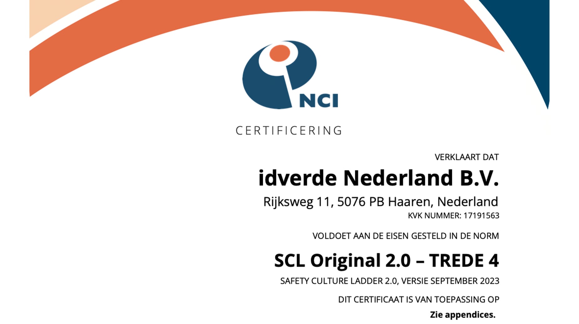 NCI-certificaat voor idverde Nederland B.V. met SCL Original 2.0 Trede 4 certificering, uitgegeven september 2023