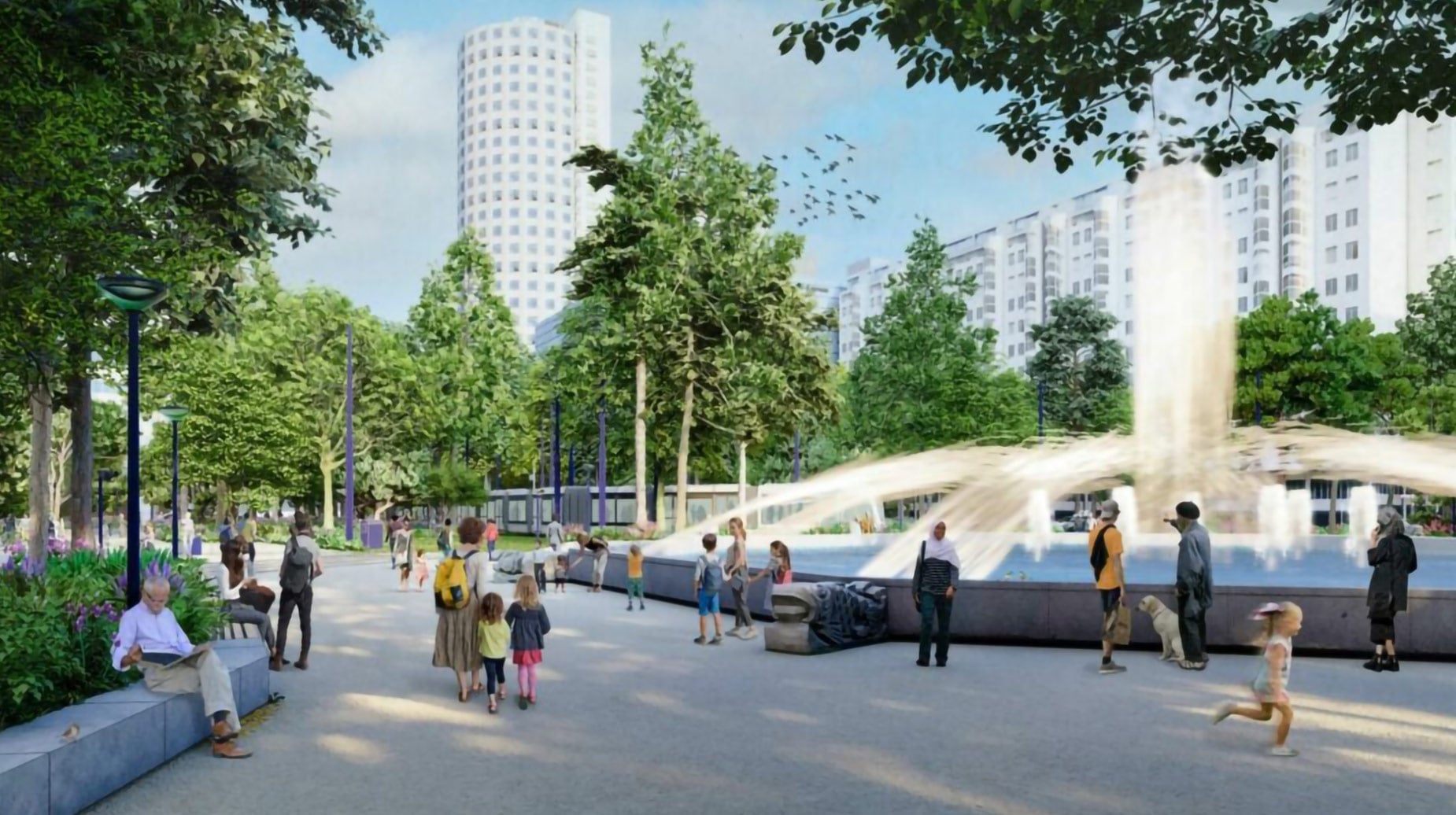 Groen stadspark met waterfontein, wandelpad en beplanting tussen hoogbouw.