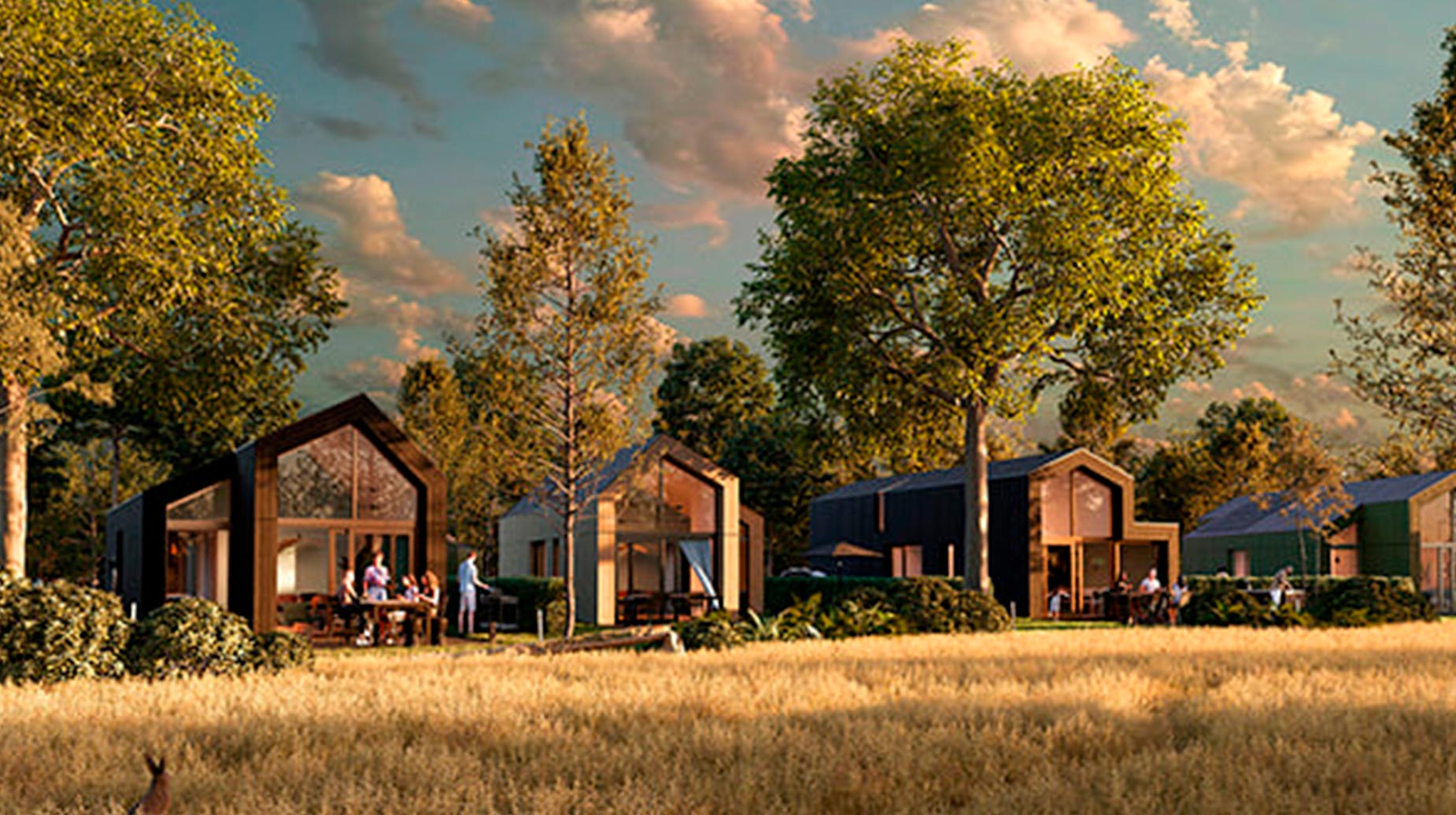 Vakantiewoningen met schuurdaken omgeven door bomen, struiken en een grasveld.