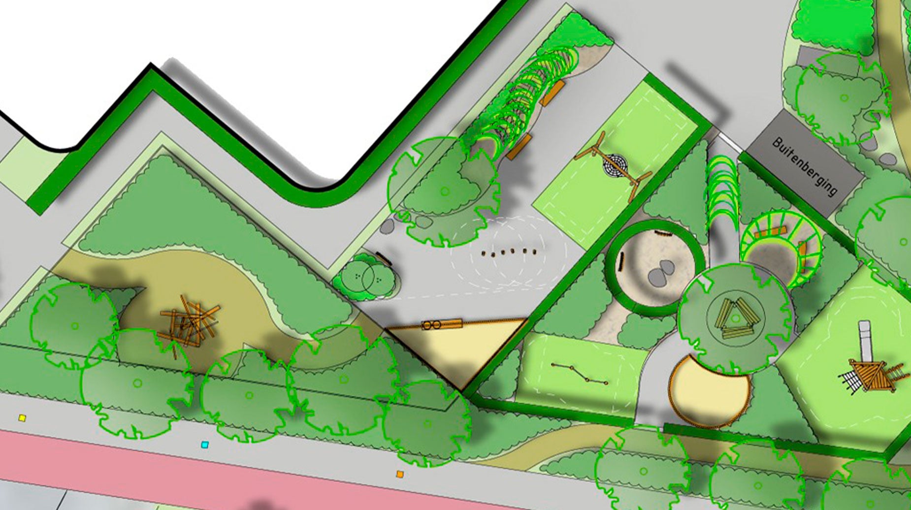 Ontwerptekening van een groene speeltuin met bomen, speeltoestellen en paden gezien van bovenaf.