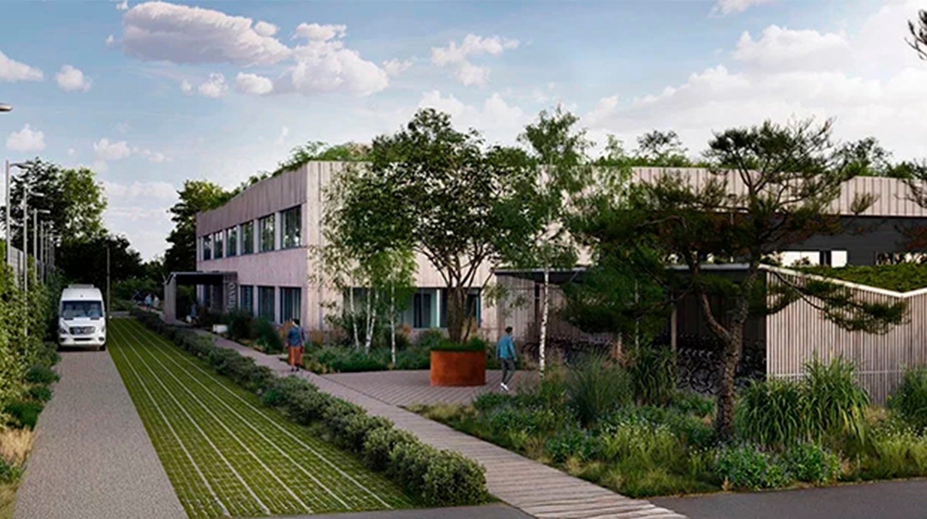 Architectuurvisualisatie van een groene busremise met beplanting, bomen en wandelpaden